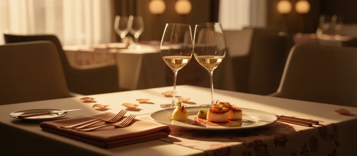 A beautifully plated, luxurious restaurant meal with soft cinematic lighting.