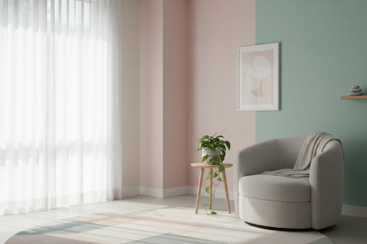 A serene, modern therapy space with pastel tones, soft natural light, and a comfortable armchair beside a small table with a plant. The setting is inviting, calm, and designed for personal reflection, evoking a sense of safety and openness.