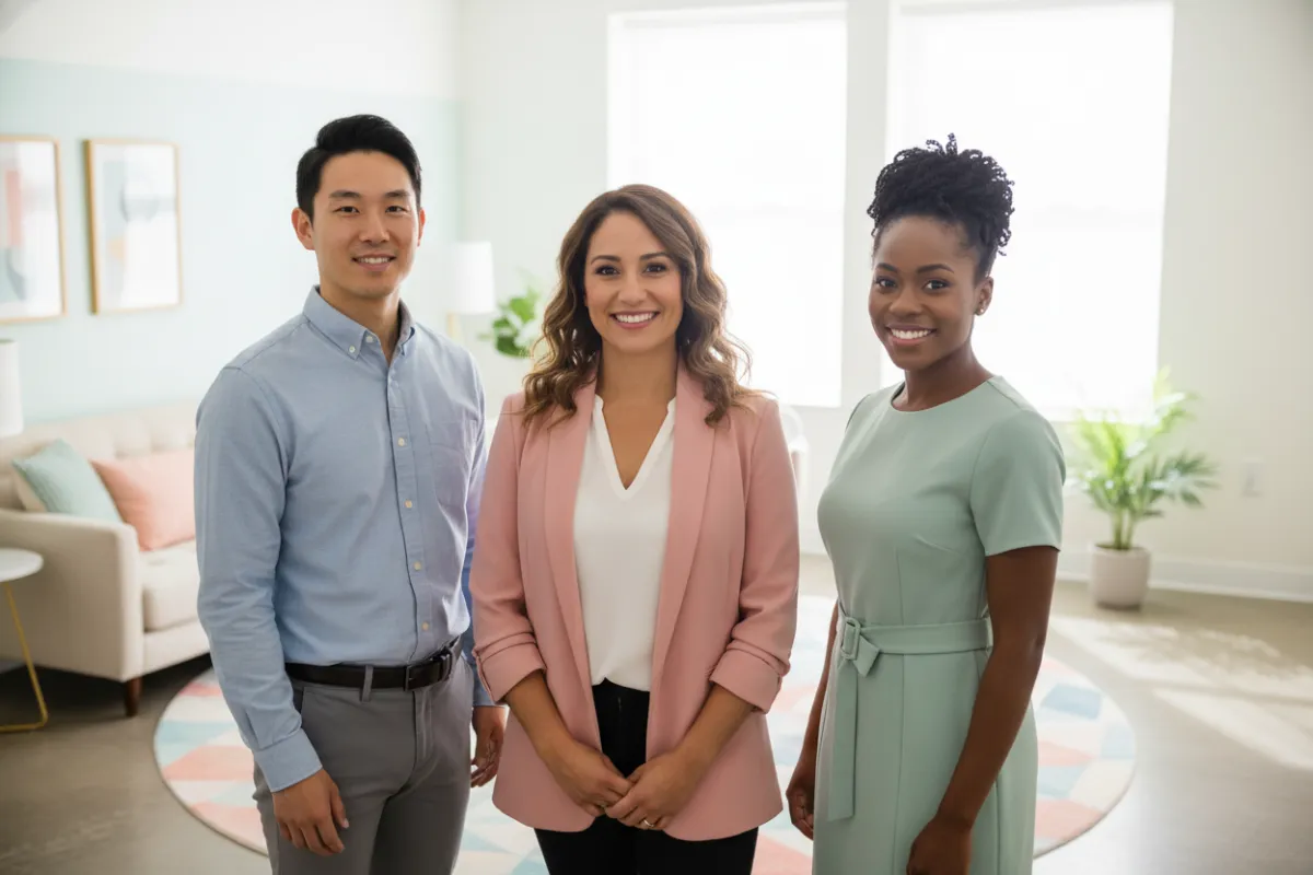 A diverse team of three therapists smiling warmly in a softly lit office with pastel decor.