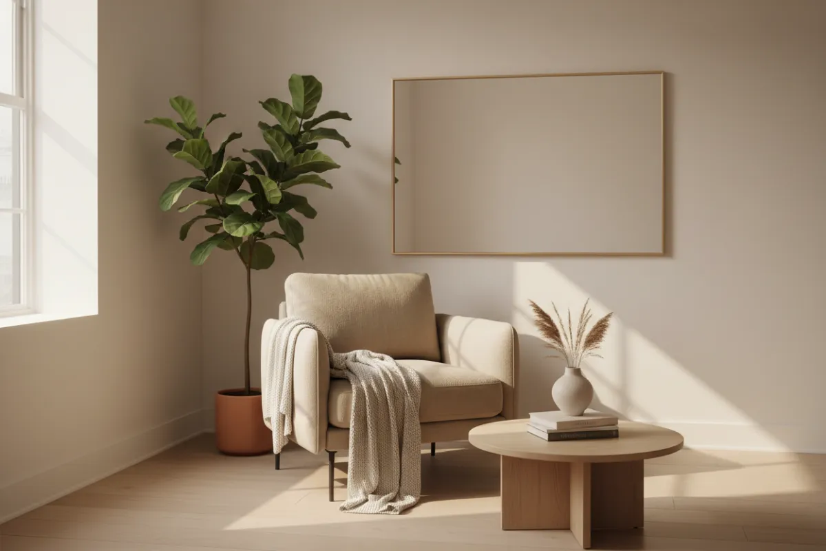 A serene, sunlit therapy room with a modern beige armchair, soft throw, and leafy plant, evoking calm and safety. Warm neutral tones, clean lines, and gentle natural light create a welcoming, peaceful atmosphere for new clients.