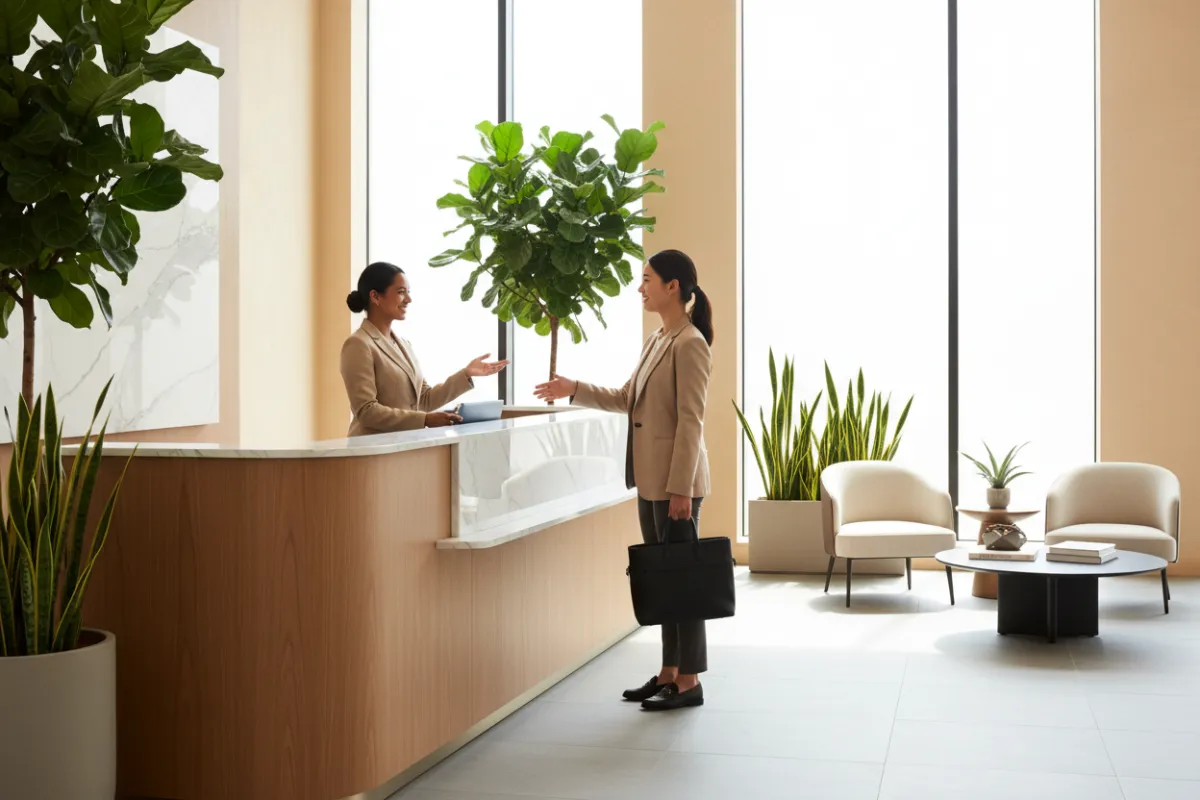 A modern reception desk with a friendly staff member greeting a visitor. The space is filled with natural light, soft beige walls, and subtle greenery, creating a welcoming, professional environment for new clients.
