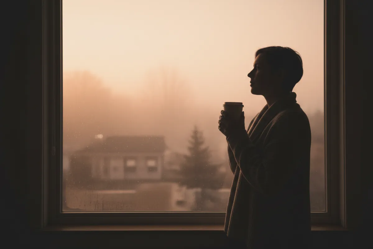 Solitary adult looking out a foggy window at dawn with a paper mug of coffee in hand; subtle soft morning lighting, warm desaturated palette, candid emotional moment, photorealistic, not clinical, conveys quiet resilience and relatable pause.