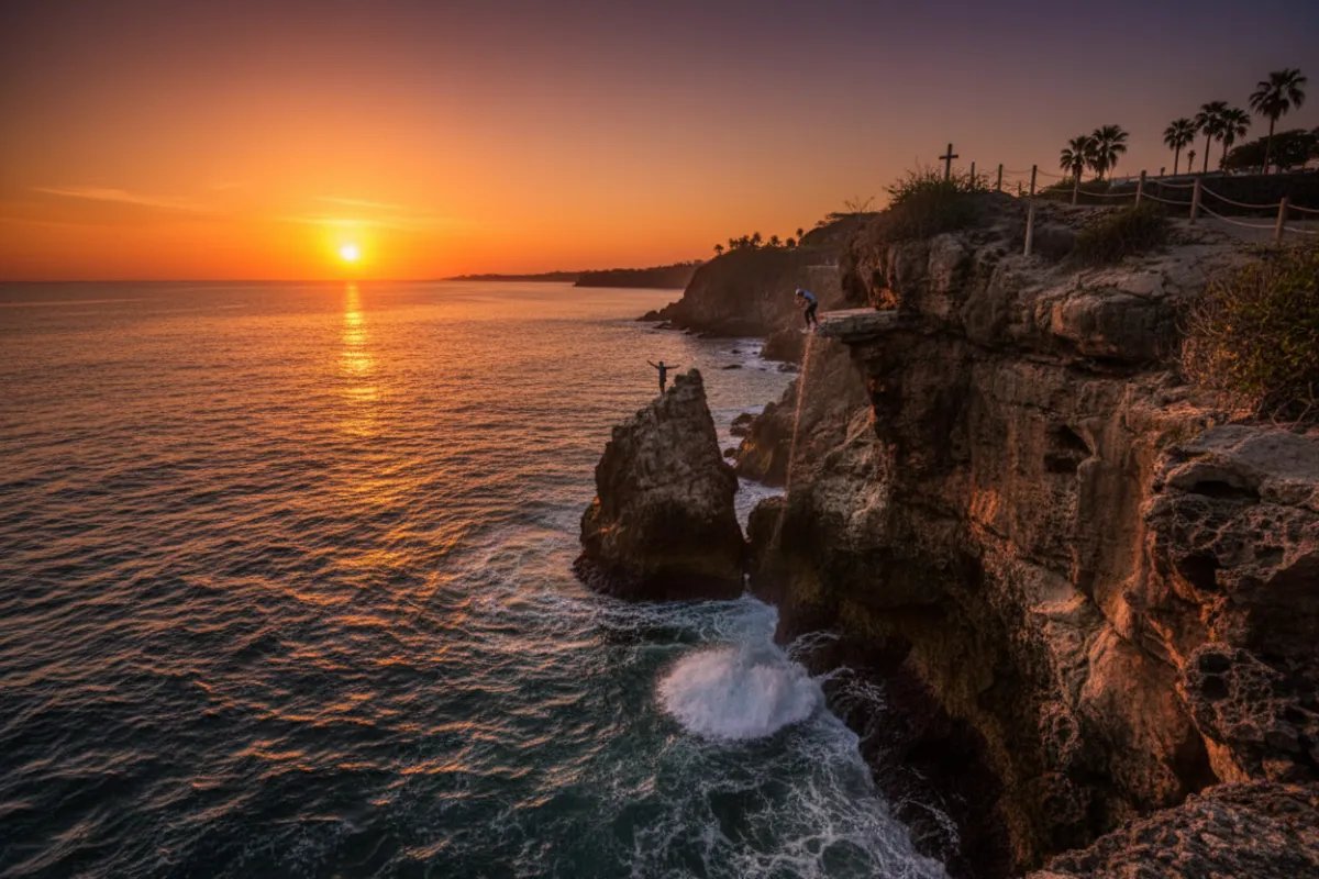 Panoramic view of Acapulco bay with iconic coastline at sunset