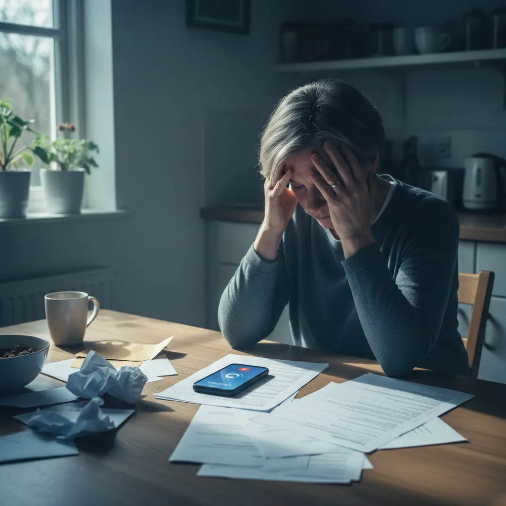 A middle-aged person sits at a kitchen table, head in hands, with a phone ringing nearby and paperwork scattered across the surface. The scene is softly lit by daylight, with subtle blue tones, conveying stress and disruption. 1:1 aspect ratio.