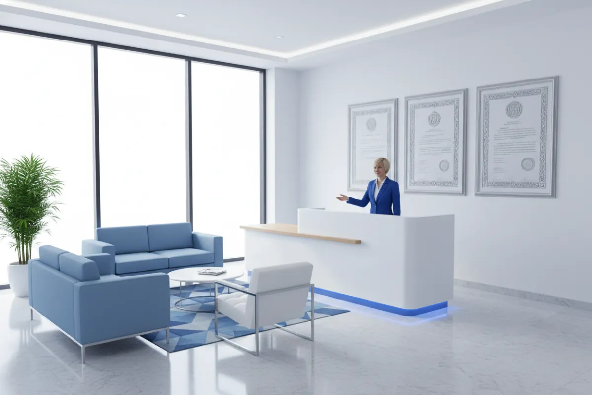 Reception area of a law firm, modern blue and white decor, friendly receptionist at desk, large windows, welcoming atmosphere, legal certificates on wall.