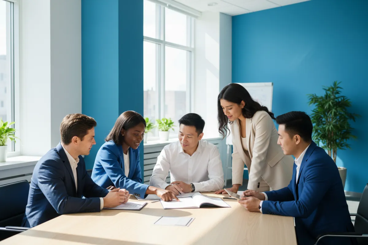 A diverse group of adults in business attire gathers around a table in a bright office, reviewing legal documents. The atmosphere is collaborative and empowered, with a blue and white color palette and natural light streaming in.