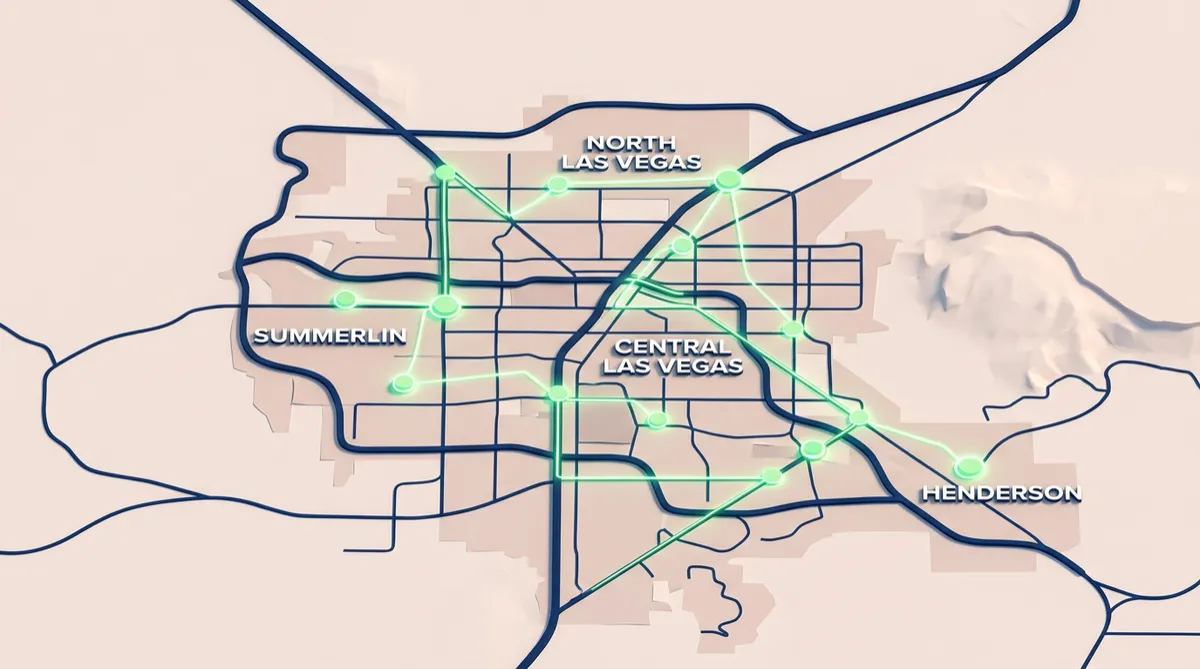 Stylized regional dispatch map detailing Las Vegas Valley active coverage sectors including Henderson, Summerlin, and North Las Vegas