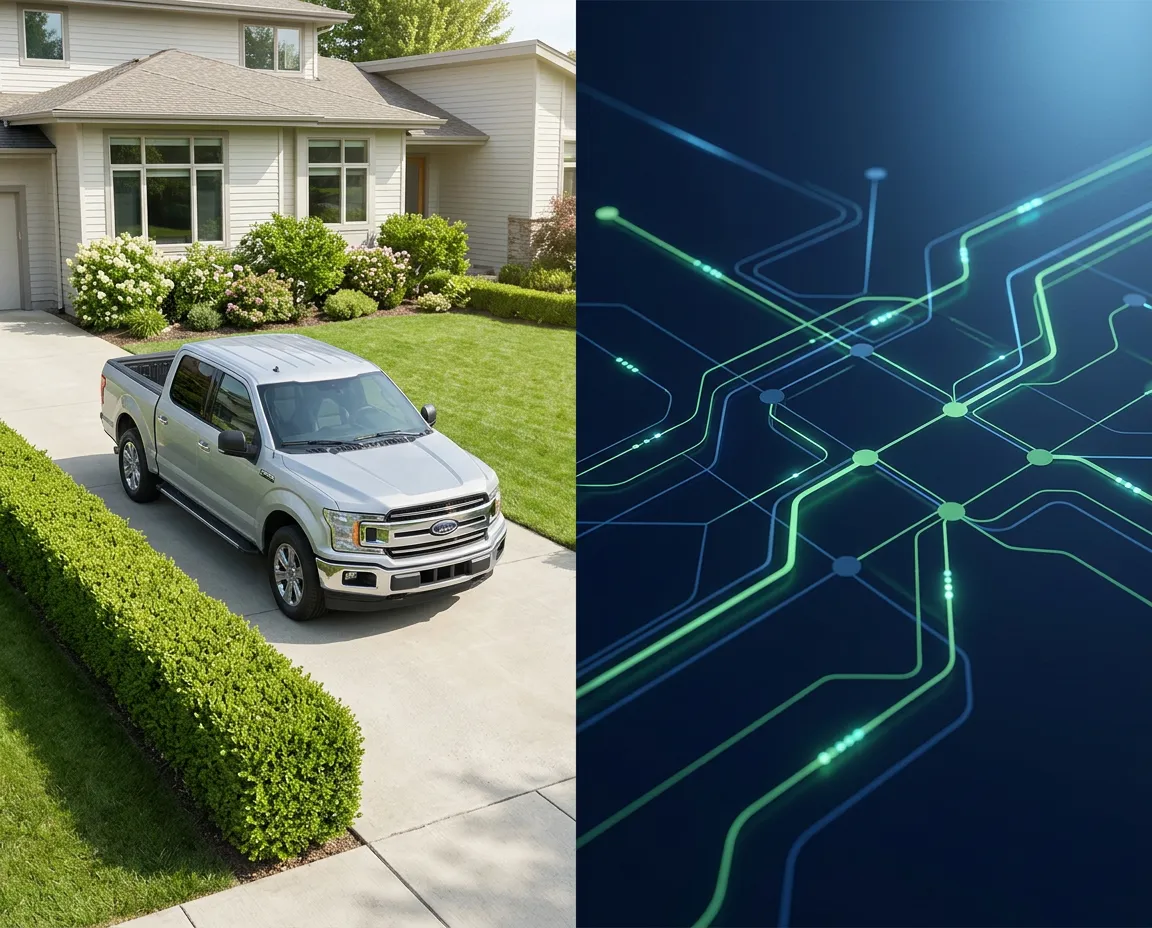 Two-panel composite visual showing a clean residential neighborhood paired with a glowing digital dispatch connection network