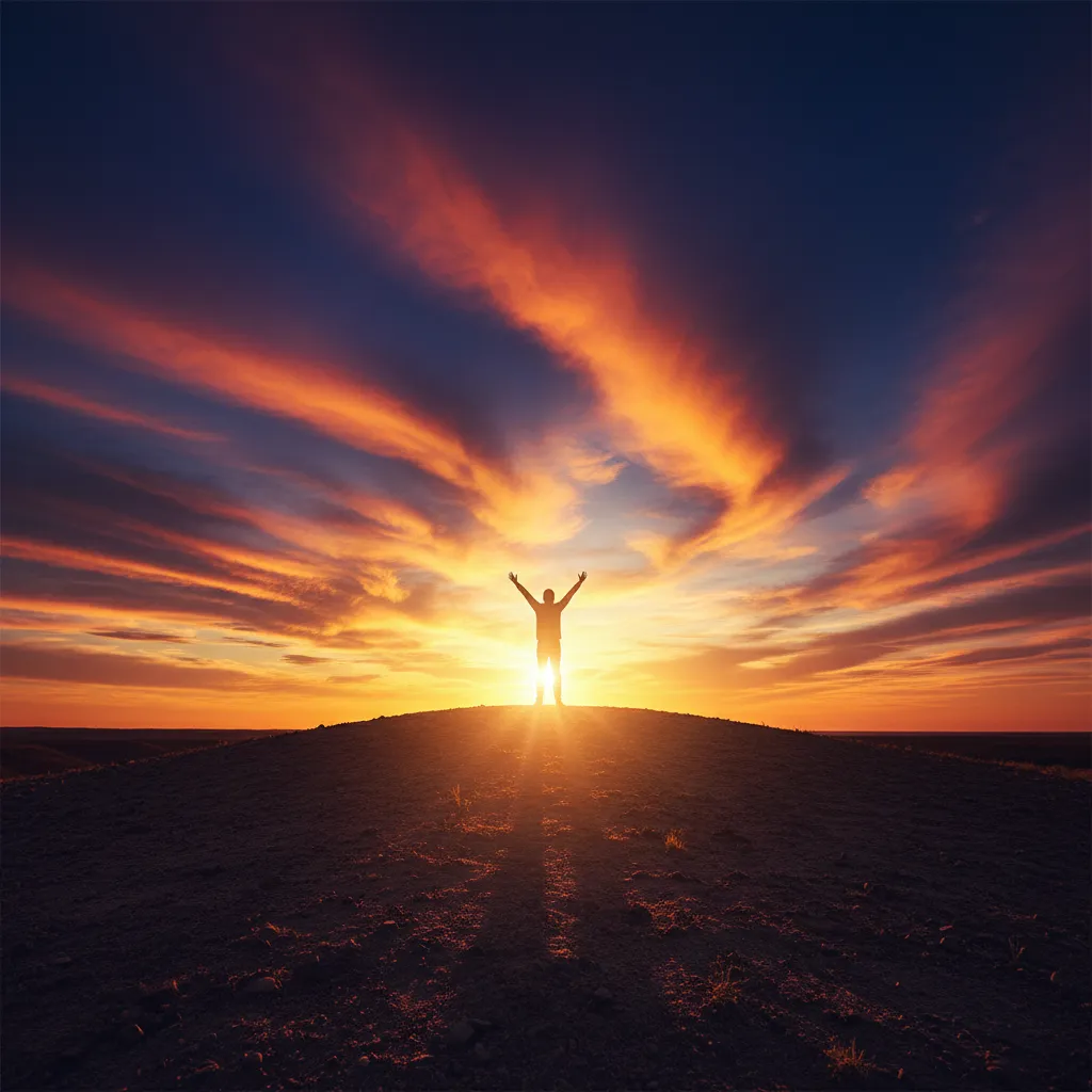 A silhouette of a person standing atop a hill at sunrise, arms raised in triumph, with vibrant sky colors and sweeping clouds. The scene radiates empowerment, energy, and the joy of overcoming obstacles.
