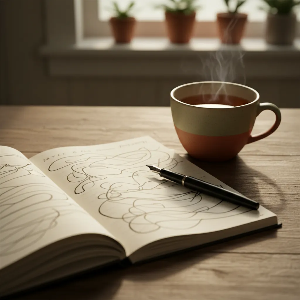 A notepad with handwritten lyrics and a pen resting on a wooden table, with a cup of herbal tea nearby.