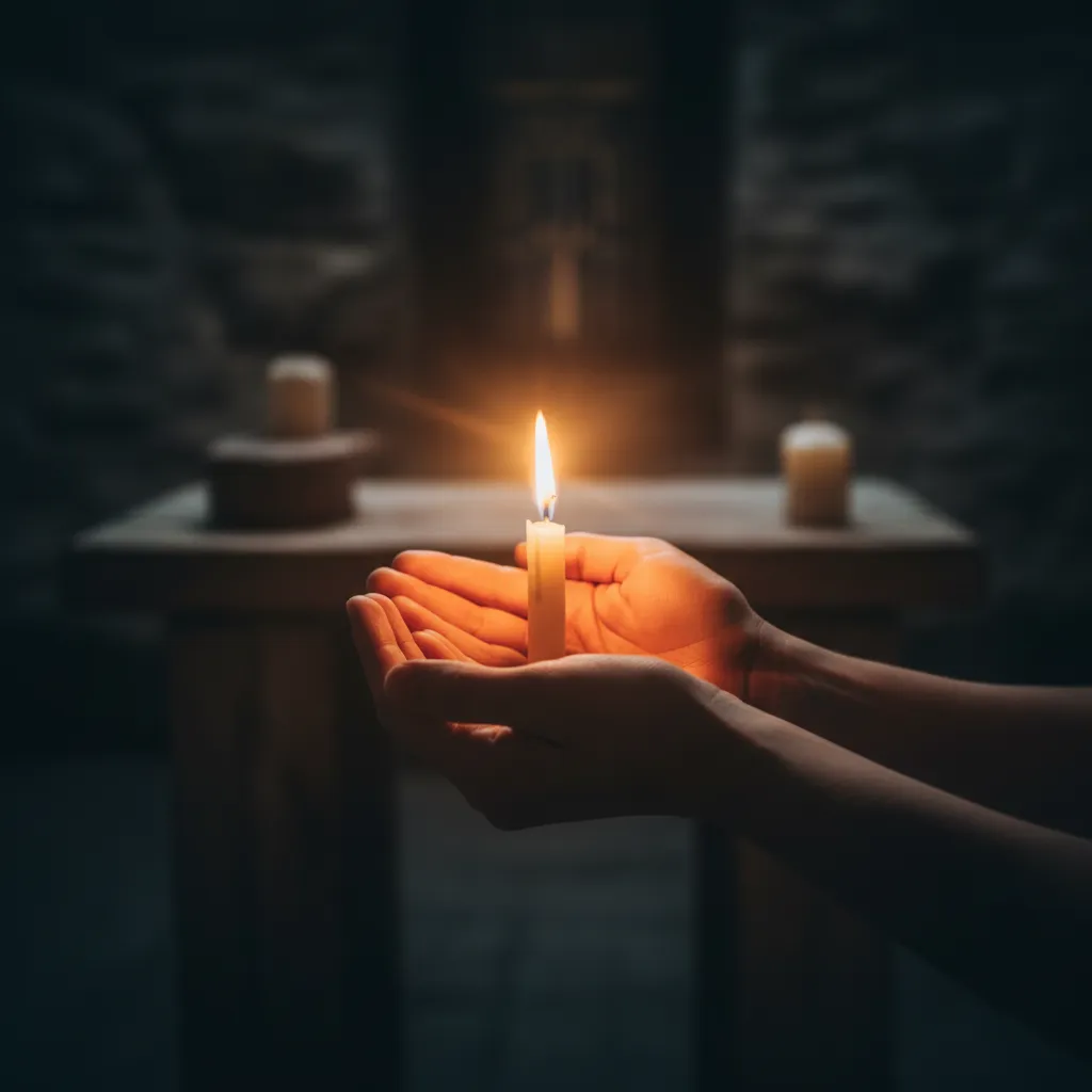 A pair of hands gently holding a glowing candle, with soft light illuminating the darkness around. The composition symbolizes faith, hope, and spiritual guidance, with a focus on warmth and comfort.