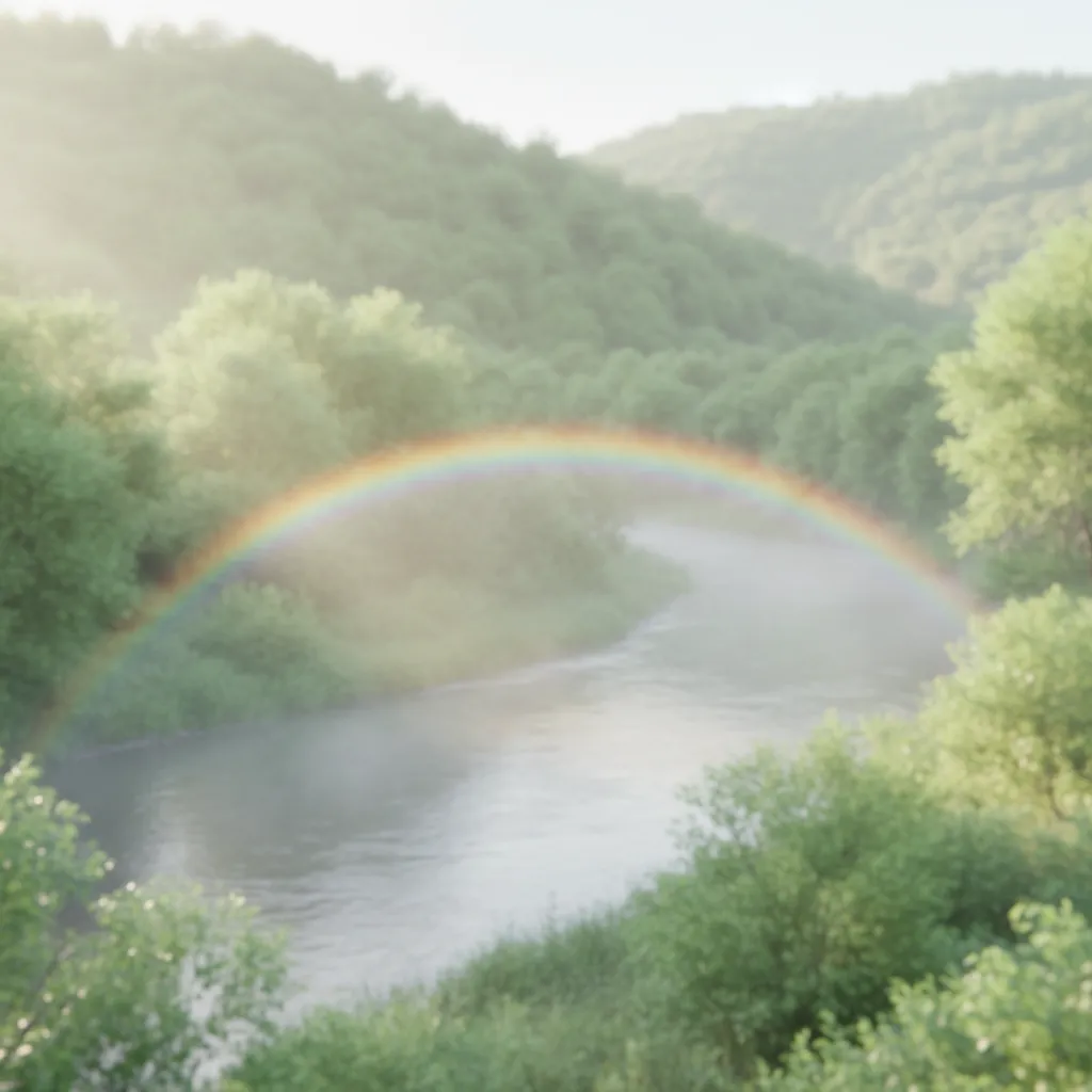 A serene landscape with a gentle river flowing through lush greenery, sunlight filtering through trees, and a subtle rainbow in the mist. The image conveys healing and tranquility, inviting the viewer to pause and reflect.