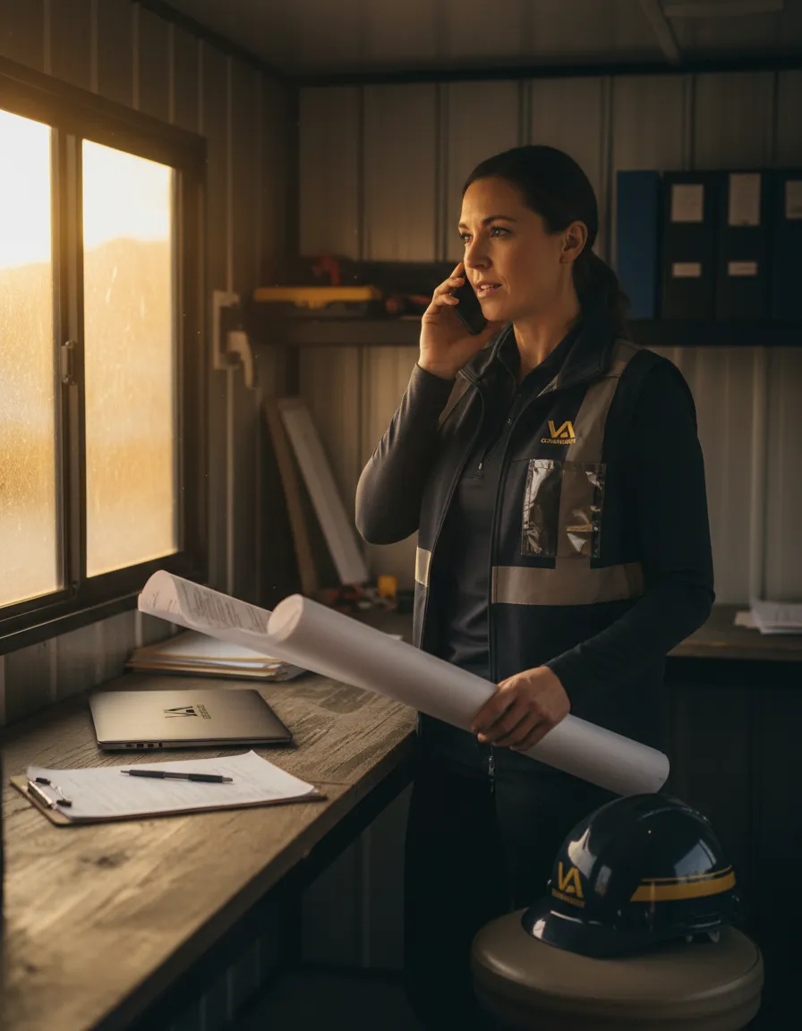 Contractor reviewing plans with tablet and job site paperwork