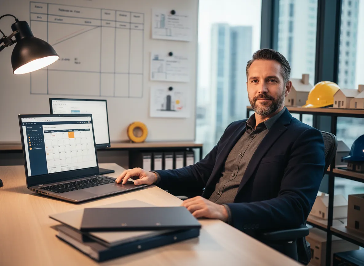 Small construction business owner reviewing schedule and invoices