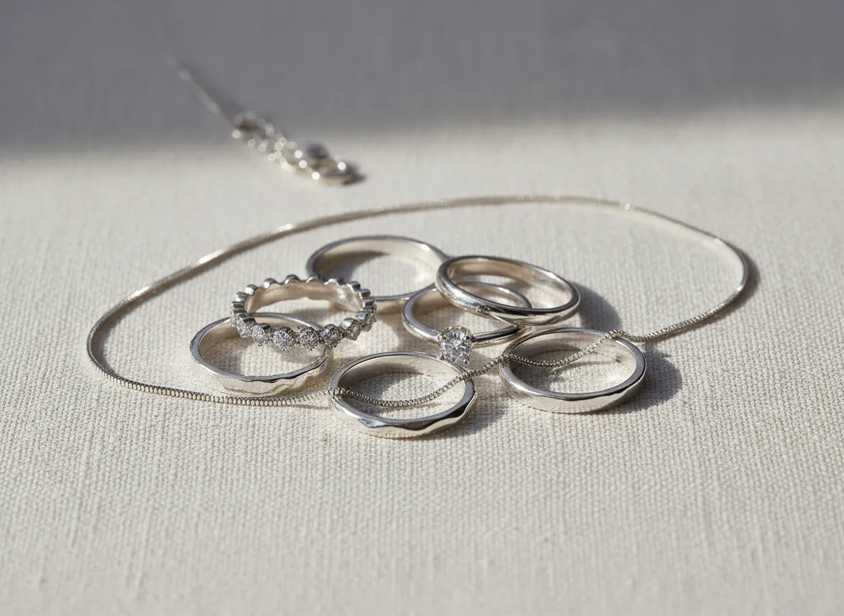 Artistic shot of silver rings and chain on neutral background
