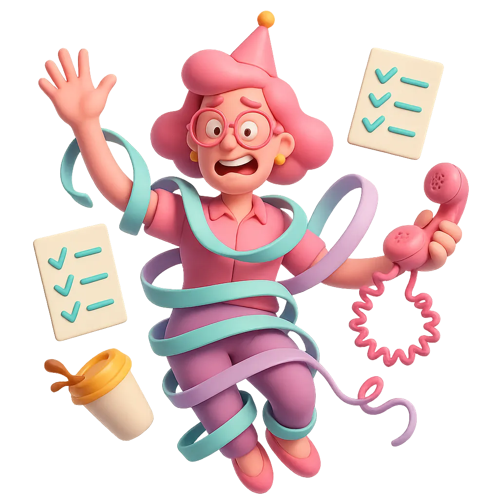 Quirky playful illustration of an overwhelmed host tangled in party ribbons and sticky notes