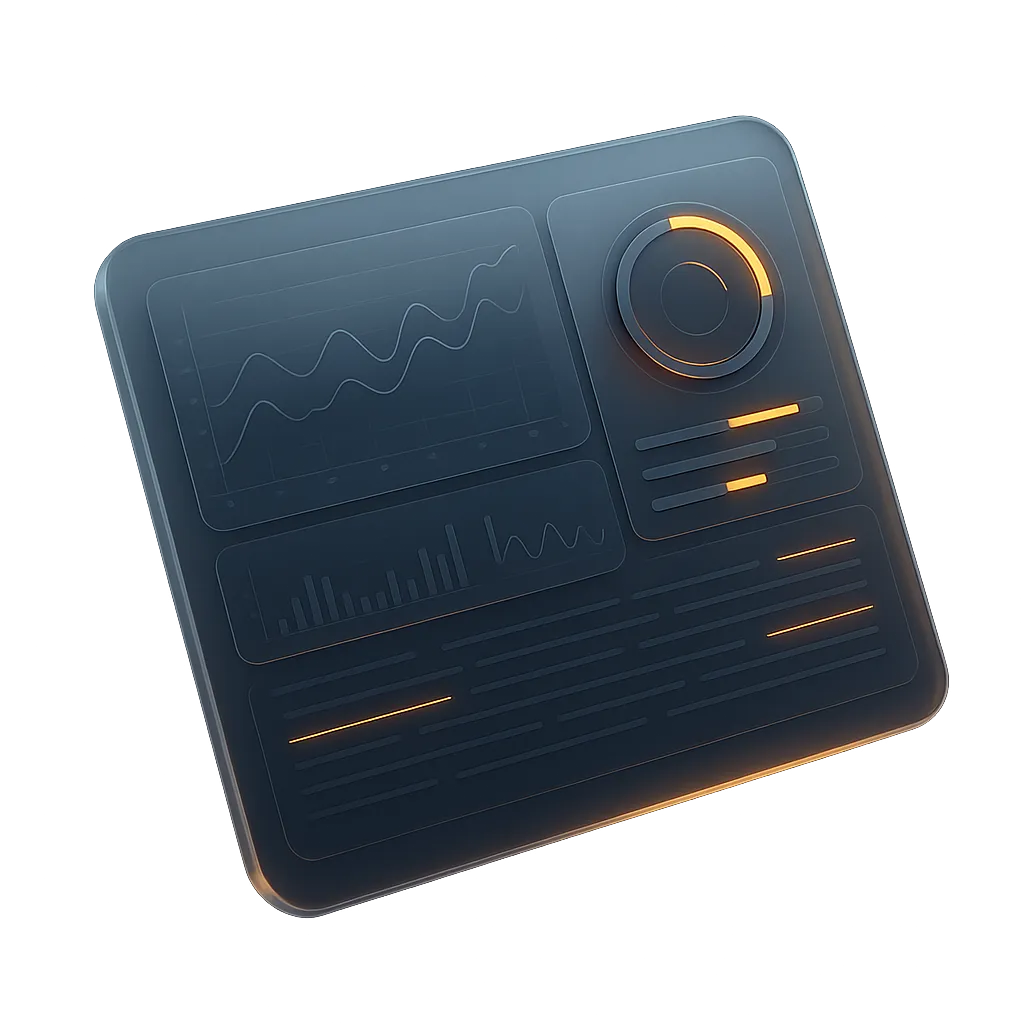 Conceptual floating digital dashboard interface with amber accents