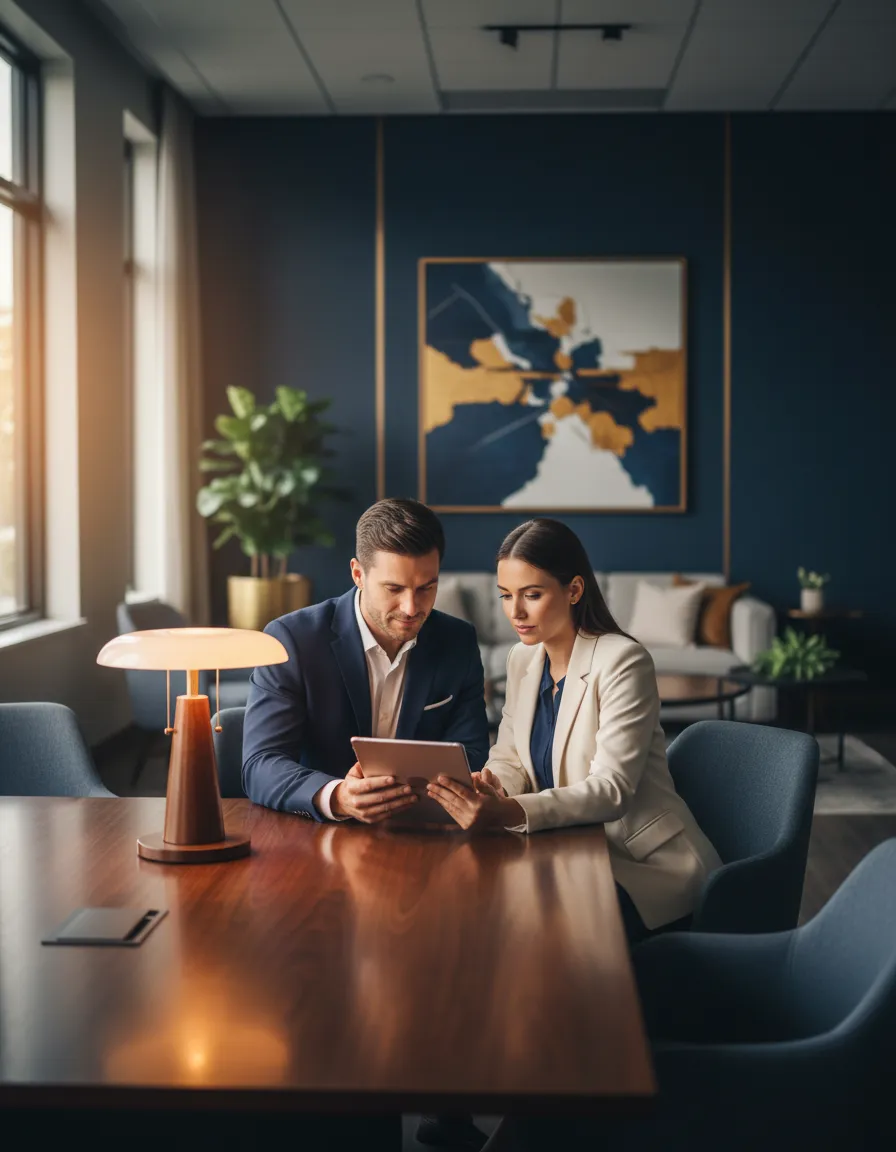 Professional insurance agency team collaborating in a modern office