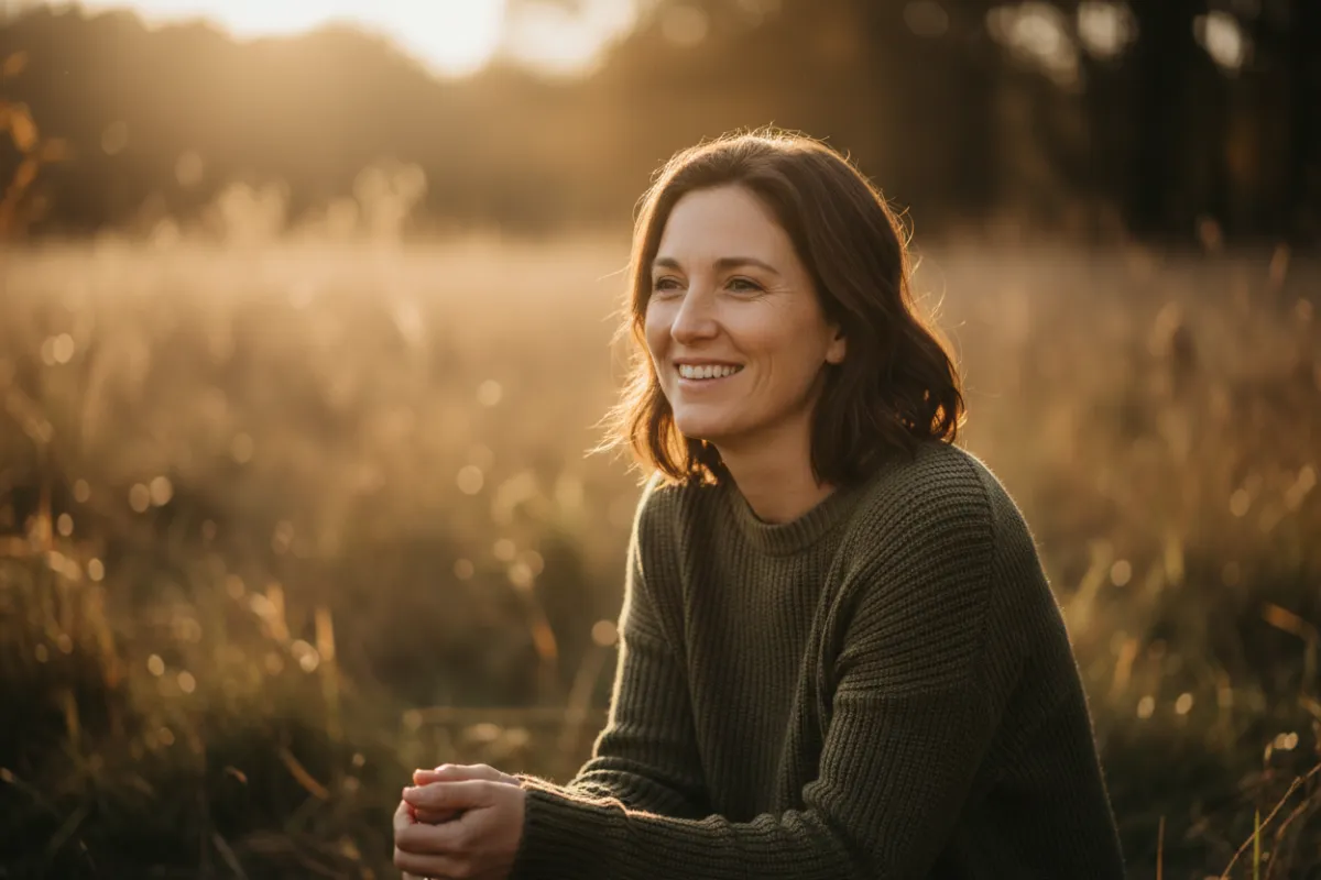 Portrait d'une personne souriante dans une lumière naturelle, illustrant une connexion chaleureuse.