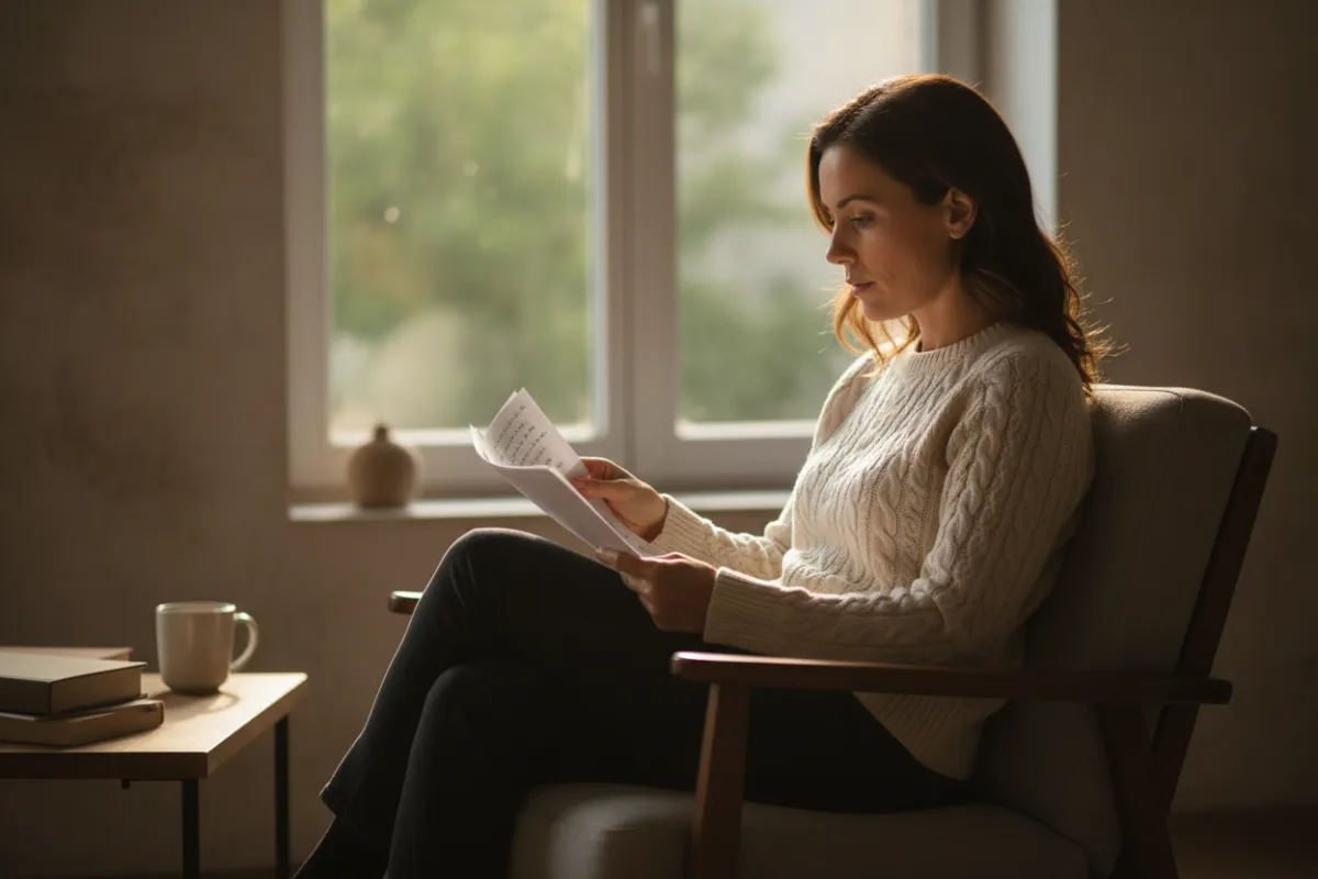 Person seated near a window reading notes in warm natural light, calm reflective atmosphere.