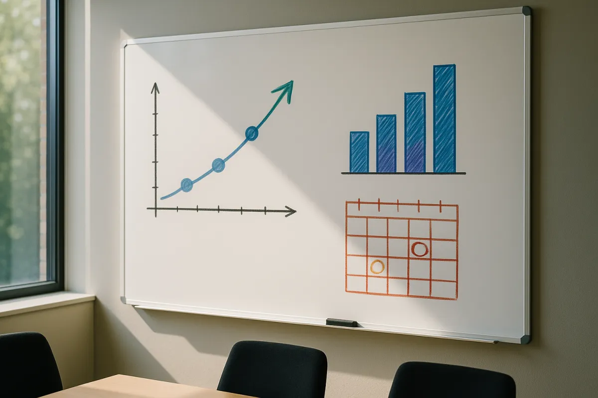 Case study hero image showing a conference room whiteboard with growth metrics and calendar markers