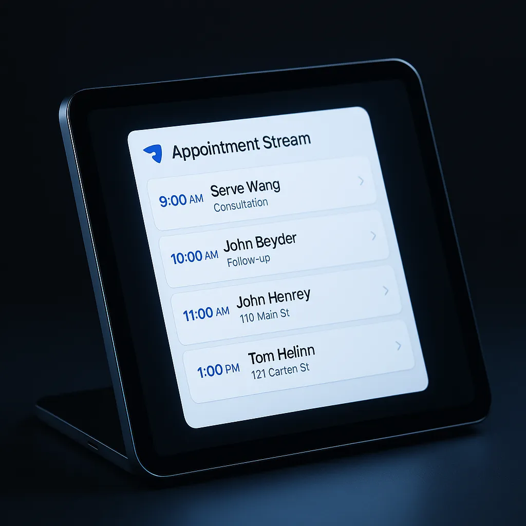 EchoRep dashboard on a tablet showing appointment stream