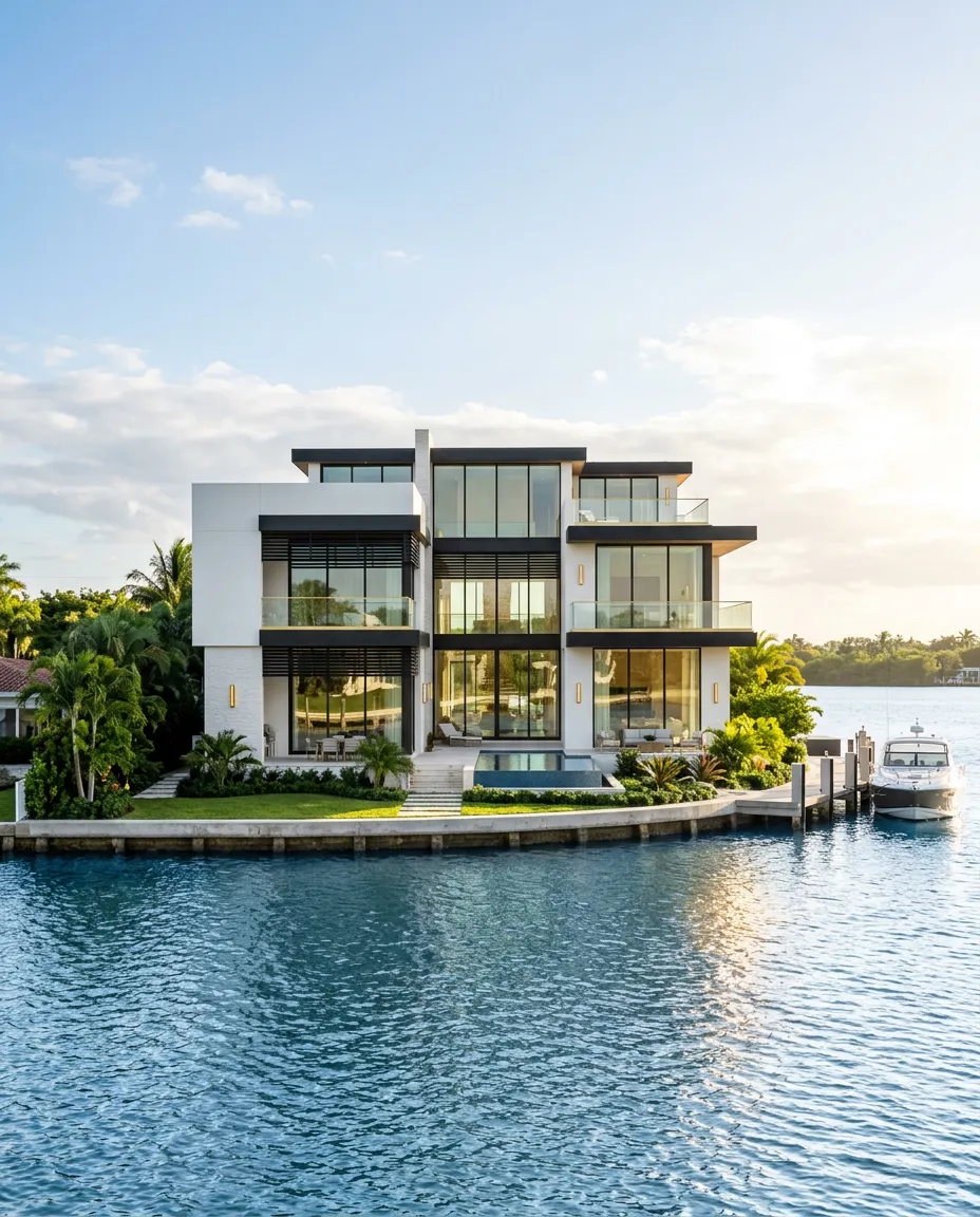 Architectural modern waterfront luxury residence in South Florida with coastal light