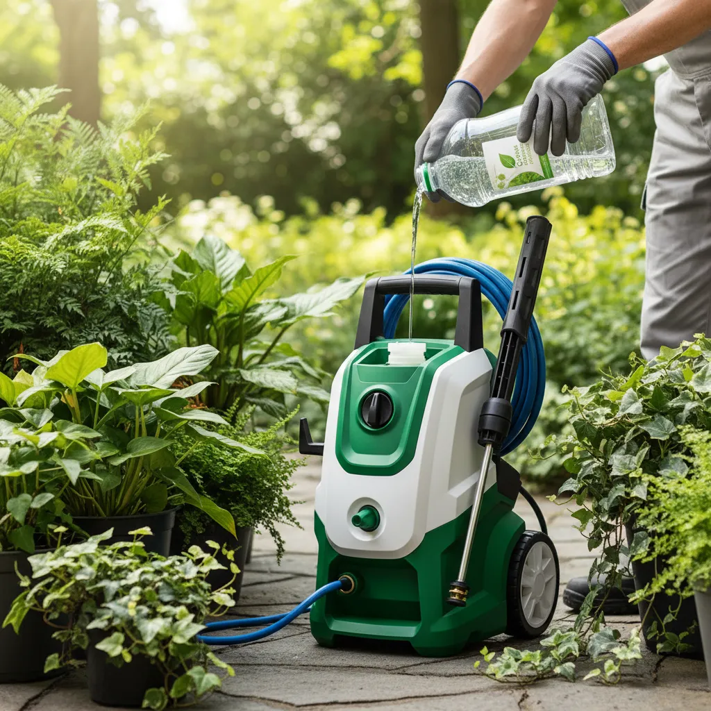 A technician filling a pressure washer with a bottle labeled 'Eco-Friendly Detergent,' surrounded by green plants. The scene highlights environmental responsibility and safe cleaning practices.