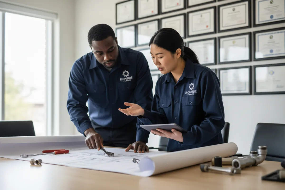 Two plumbers reviewing blueprints in a bright office with certifications on the wall.
