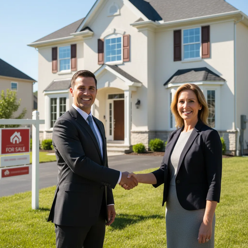 A real estate agent shaking hands with a homeowner in front of a freshly cleaned house, both smiling. The home’s exterior is gleaming, and a 'For Sale' sign is visible, suggesting increased property value.