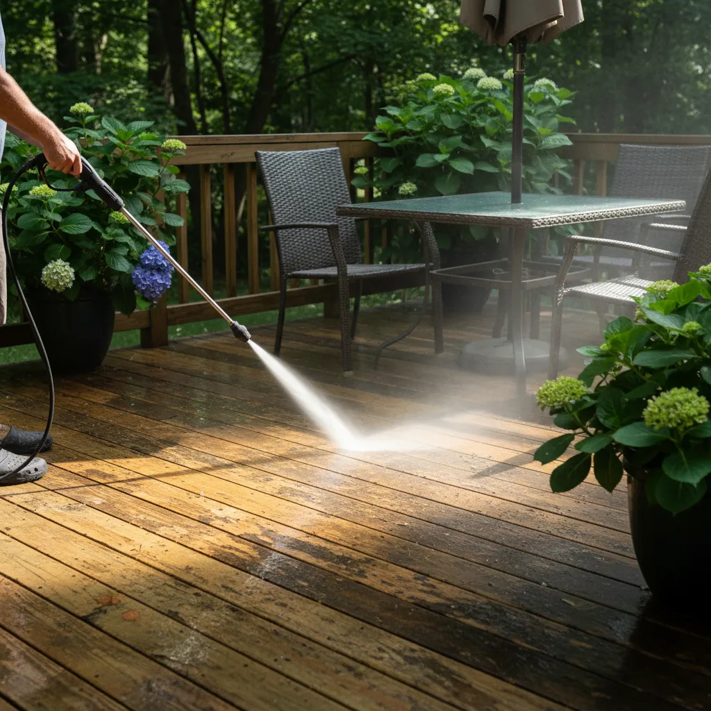 A wooden deck being pressure washed, with water jets lifting years of dirt. The scene includes patio furniture and lush greenery, highlighting the transformation and inviting outdoor atmosphere.