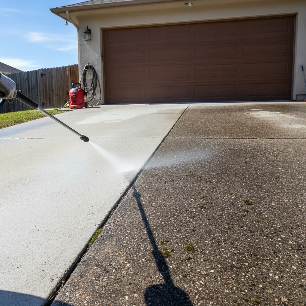 A driveway mid-cleaning, with one half sparkling clean and the other still covered in grime. The image captures the dramatic contrast, with a pressure washer wand in action and a home garage in the background.