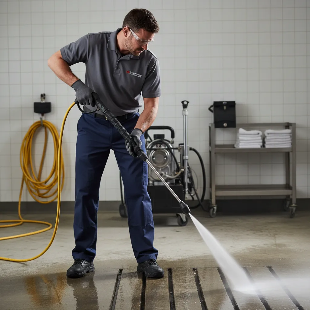 A close-up of a uniformed technician using a professional-grade pressure washer, focused and precise, with a clean, organized work area in the background, emphasizing expertise.