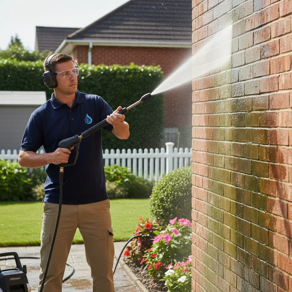 A close-up of a technician pressure washing a brick house exterior, water spray visibly removing dirt. The technician wears branded attire, and the background shows a well-kept suburban yard, emphasizing professionalism and attention to detail.