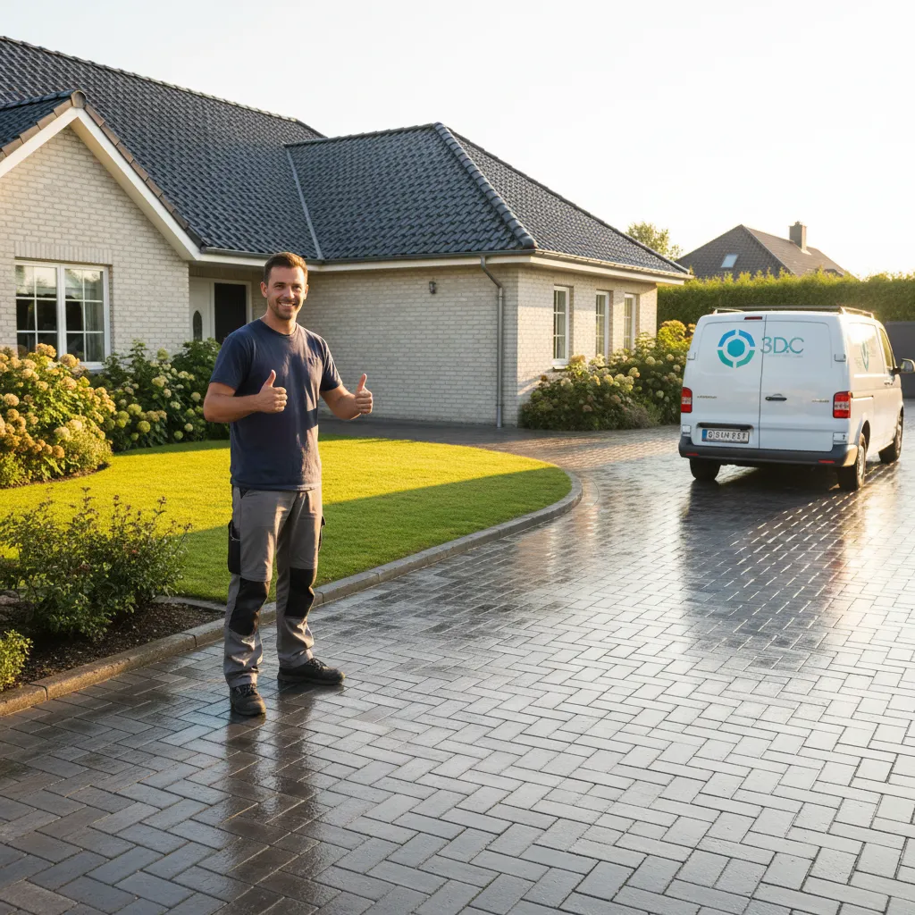 A property owner giving a thumbs-up next to a spotless driveway, with a branded 3DnC service van parked nearby. The scene is bright and welcoming, emphasizing positive customer experience.