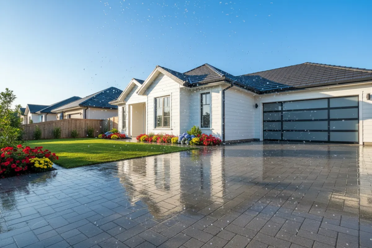 A modern suburban home with a freshly cleaned driveway and sparkling siding, sunlight highlighting the vibrant colors, with water droplets visible on the surface. The setting is a bright, clear day, and the property exudes curb appeal, demonstrating the impact of professional pressure washing.