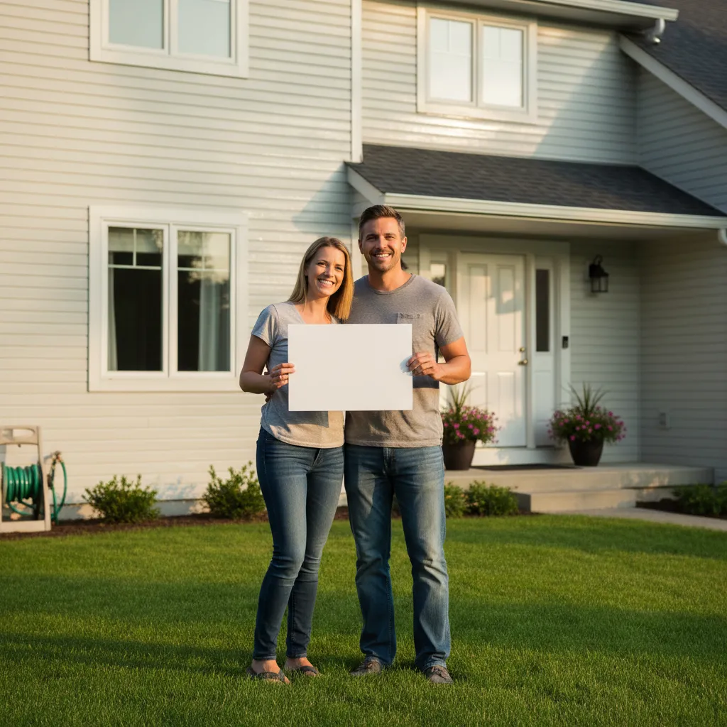 A smiling couple standing in front of their freshly cleaned home, holding a 'Thank You 3DnC' sign. The background features a pristine lawn and sparkling siding, conveying satisfaction and trust in the service.