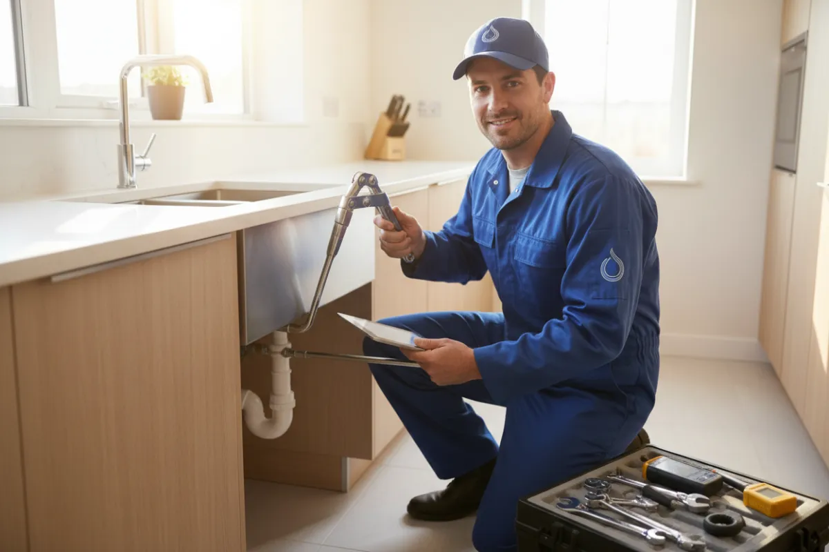 A professional plumber in branded blue uniform kneeling beside a modern kitchen sink, using advanced tools, with a confident smile.