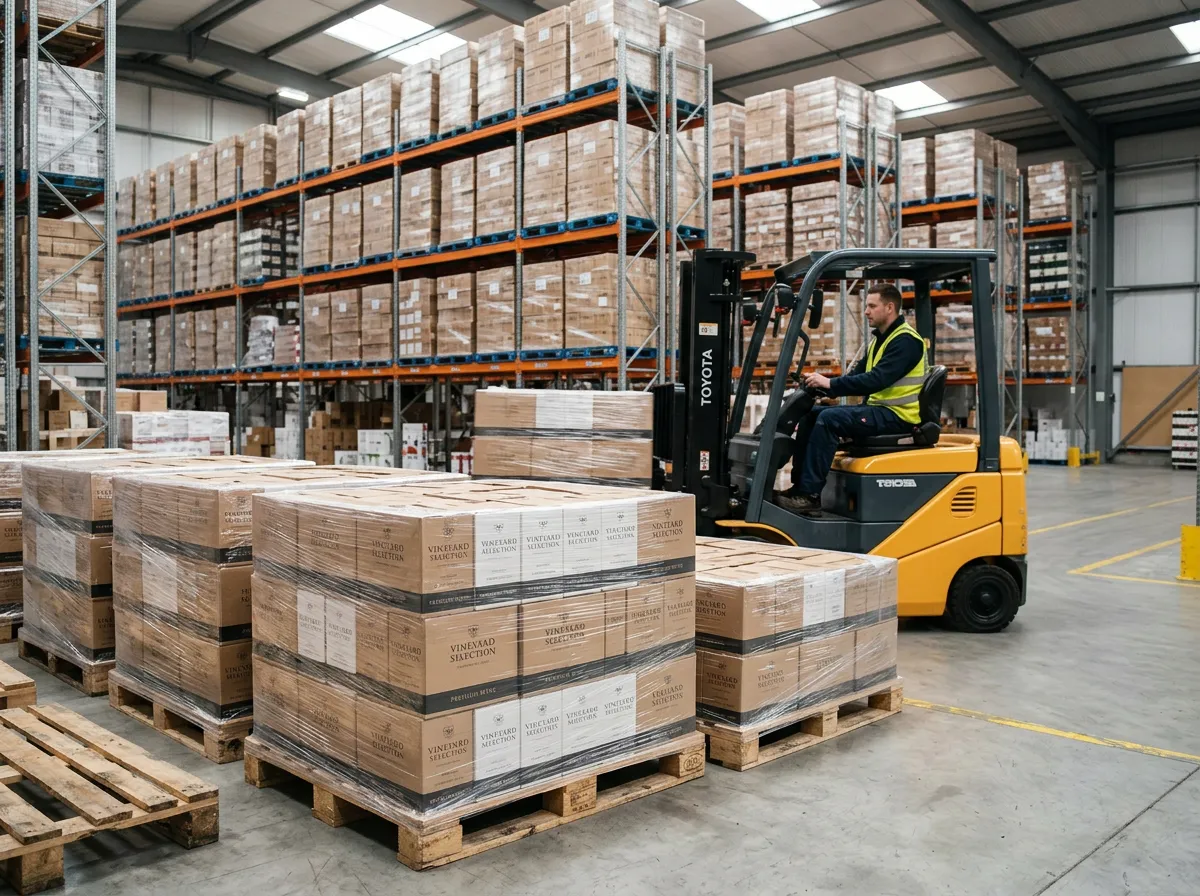 Wooden pallets loaded with boxes of wine, with a warehouse worker operating a forklift in the background.