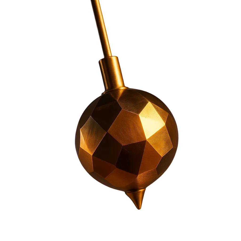 A stunning, highly polished brass pendulum suspended mid-swing with a subtle violet aura glow.
