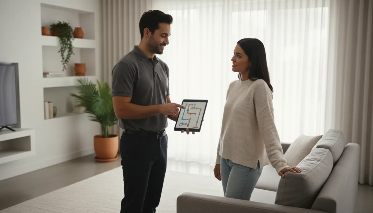 Modern homeowner and service provider reviewing a job on a tablet