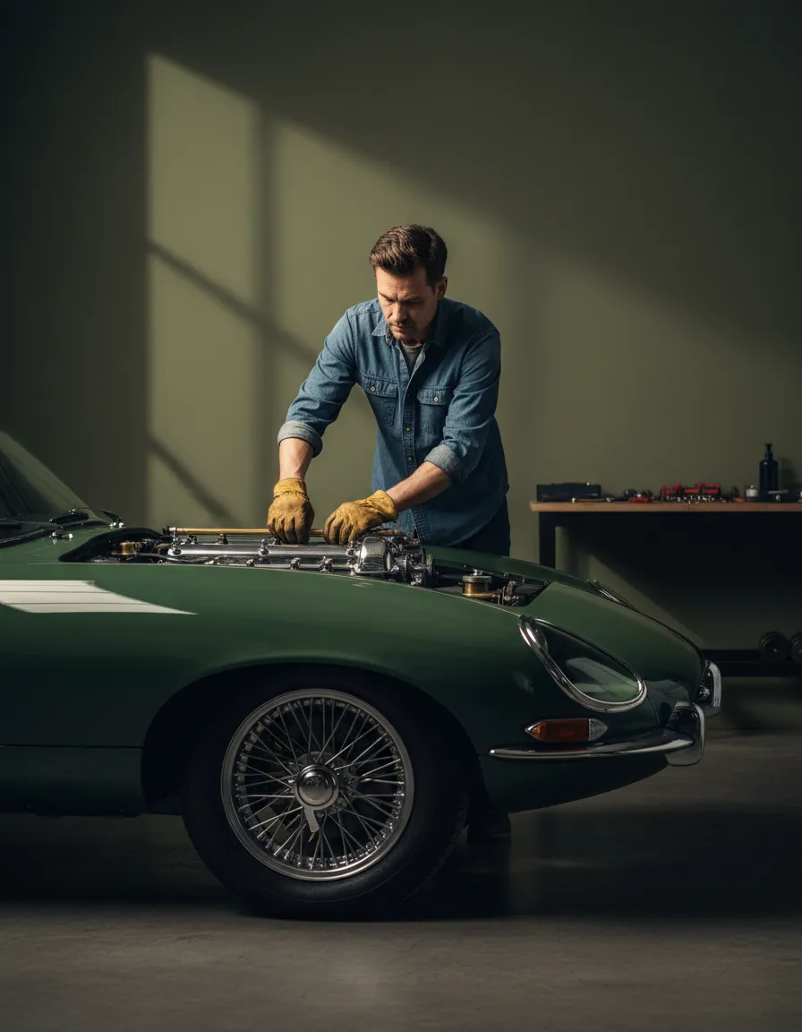 Professional mechanic working on a classic vehicle