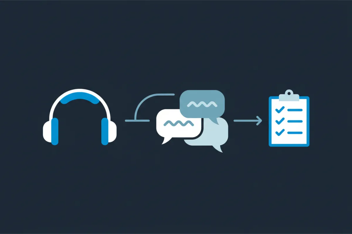 Illustration of a simple call flow from headset to conversation and checklist, showing captured caller details.