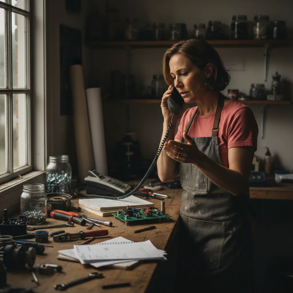 Busy small business owner multitasking at a workbench with tools and a ringing phone nearby.