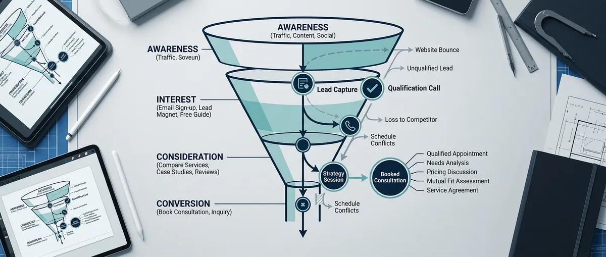 Clean technical schematic illustrating a service business conversion path with funnel checkpoints, reduced leakage points, and increased booked consultations