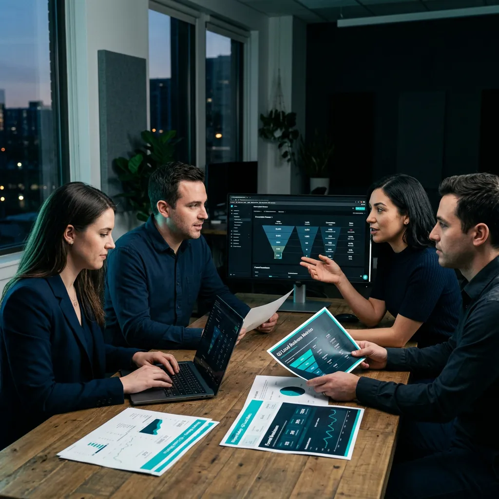 Professional team analyzing conversion funnel analytics and local business metrics