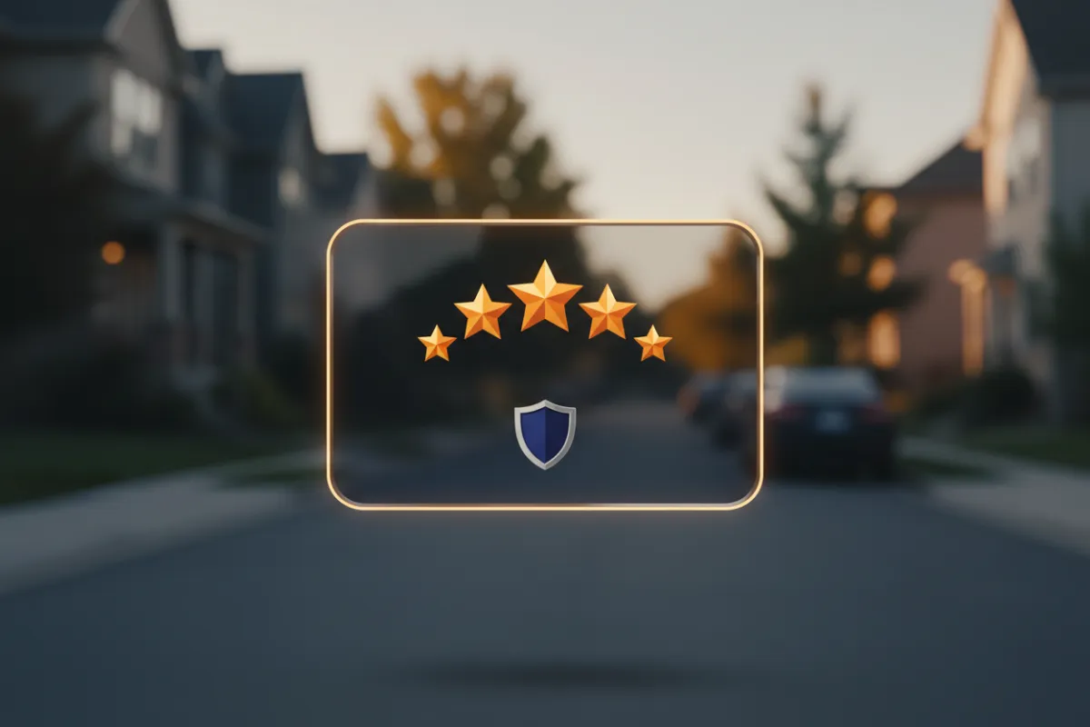 Graphic of five gold stars and a shield, symbolizing high ratings and trust, set against a blurred residential street backdrop, representing local business reputation management.