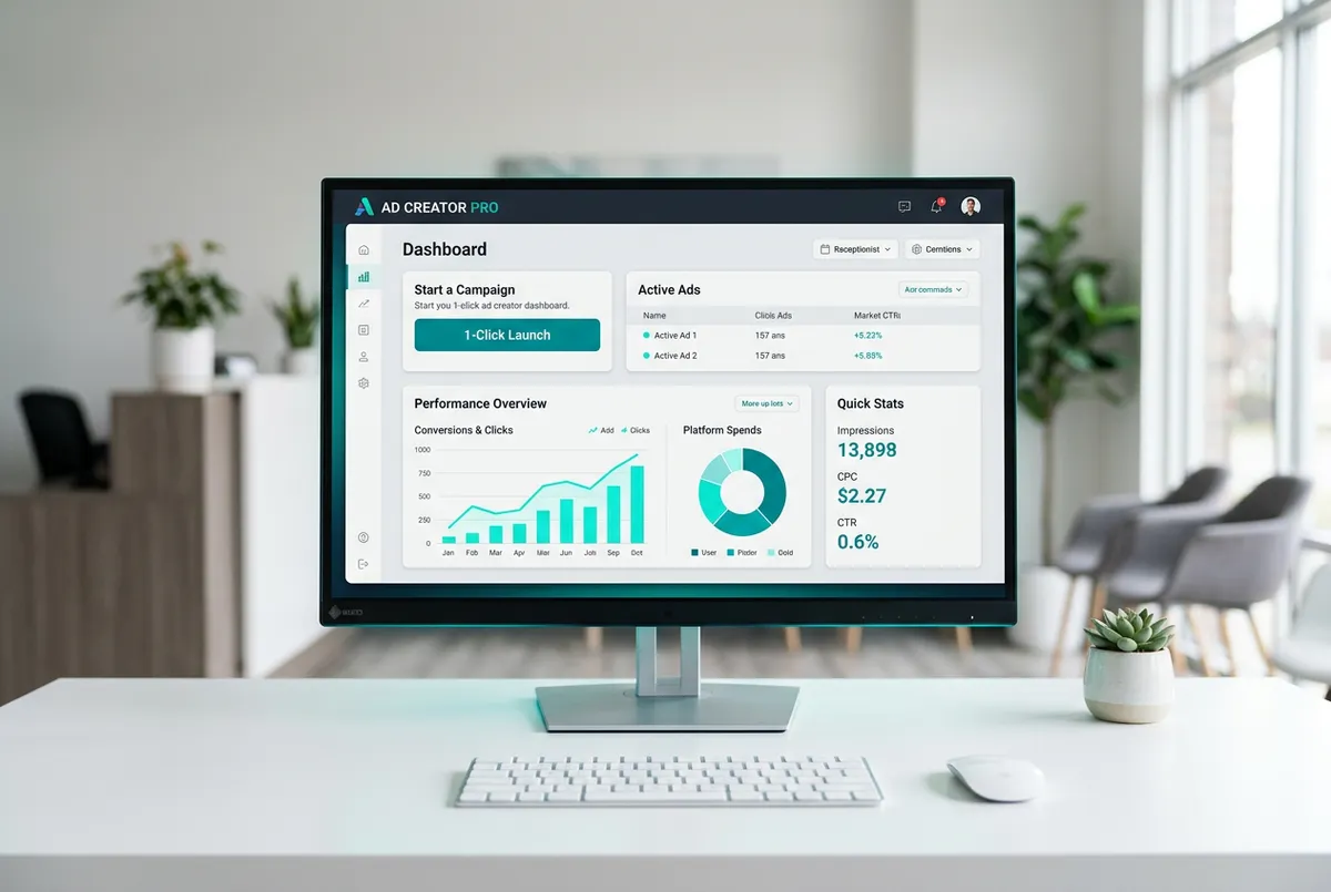 Sleek desktop frame mockup showing ChiroPro ad creator interface with launch campaign controls and performance metrics