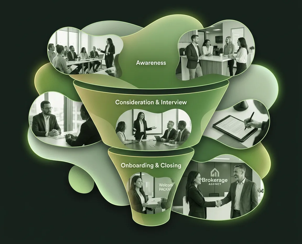 Organic real estate agent recruiting pipeline and marketing system illustration