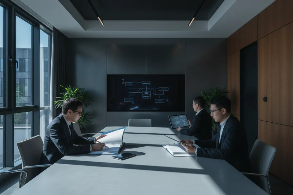 Equipe de controle de qualidade revisando processos em sala de reuniões moderna, com luz natural.